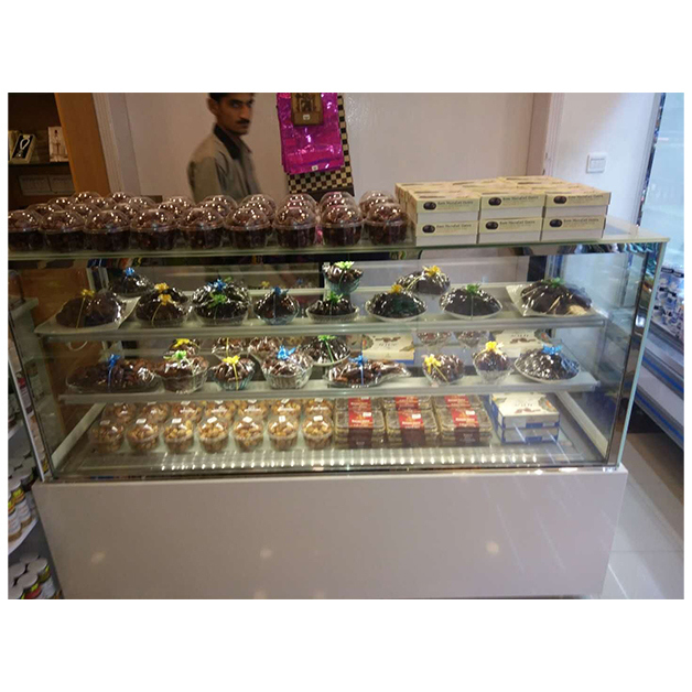 Estantes de tres capas congelador de exhibición de pasteles con vidrio endurecido de mármol y termostato digital para tiendas de pasteles