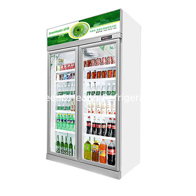 Dos puertas de vidrio para exhibición de bebidas congelador con unidad de refrigeración montada en la parte superior, descongelamiento automático y volumen de 1154L