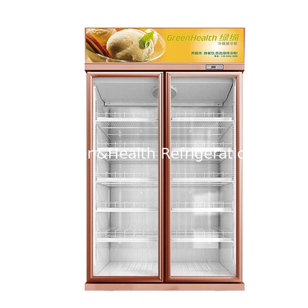 Dos puertas de vidrio para exhibición de bebidas congelador con unidad de refrigeración montada en la parte superior, descongelamiento automático y volumen de 1154L