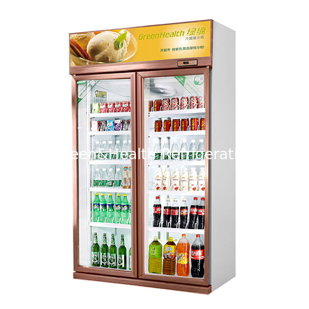 Dos puertas de vidrio para exhibición de bebidas congelador con unidad de refrigeración montada en la parte superior, descongelamiento automático y volumen de 1154L