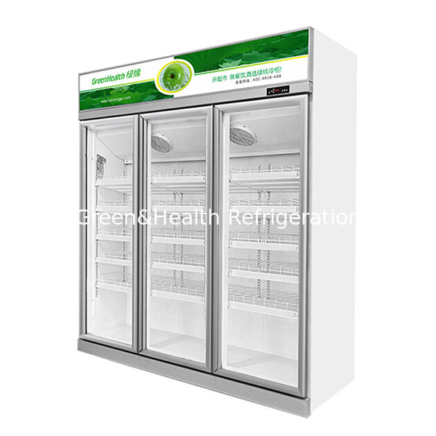 Refrigerador de exhibición de bebidas con puerta de vidrio antivaho para supermercados, con enfriamiento por ventilador y descongelación automática, y estantes ajustables