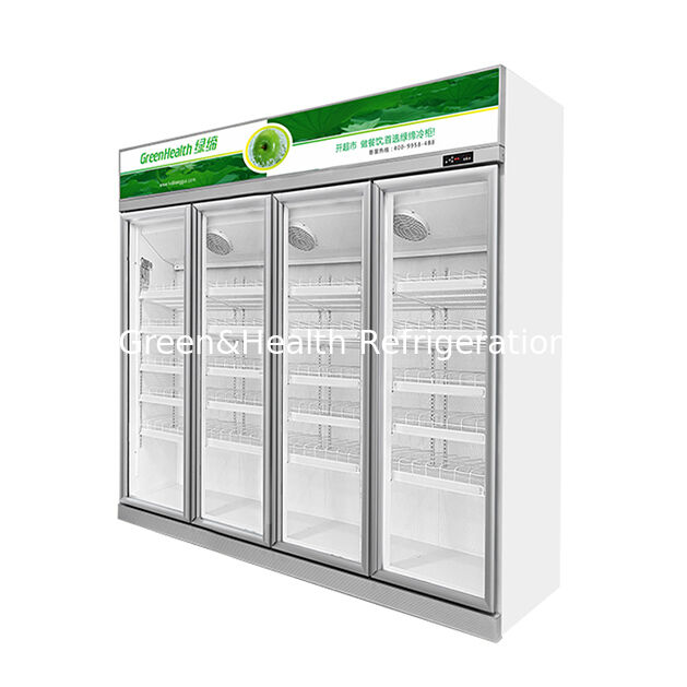 Refrigerador de exhibición de bebidas con puerta de vidrio antivaho para supermercados, con enfriamiento por ventilador y descongelación automática, y estantes ajustables