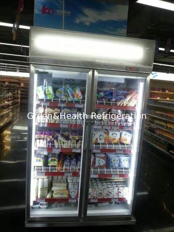 Tienda de cadena de almacenamiento con estantería ajustable 2 puerta de vidrio congelador para alimentos congelados con ventilador de refrigeración