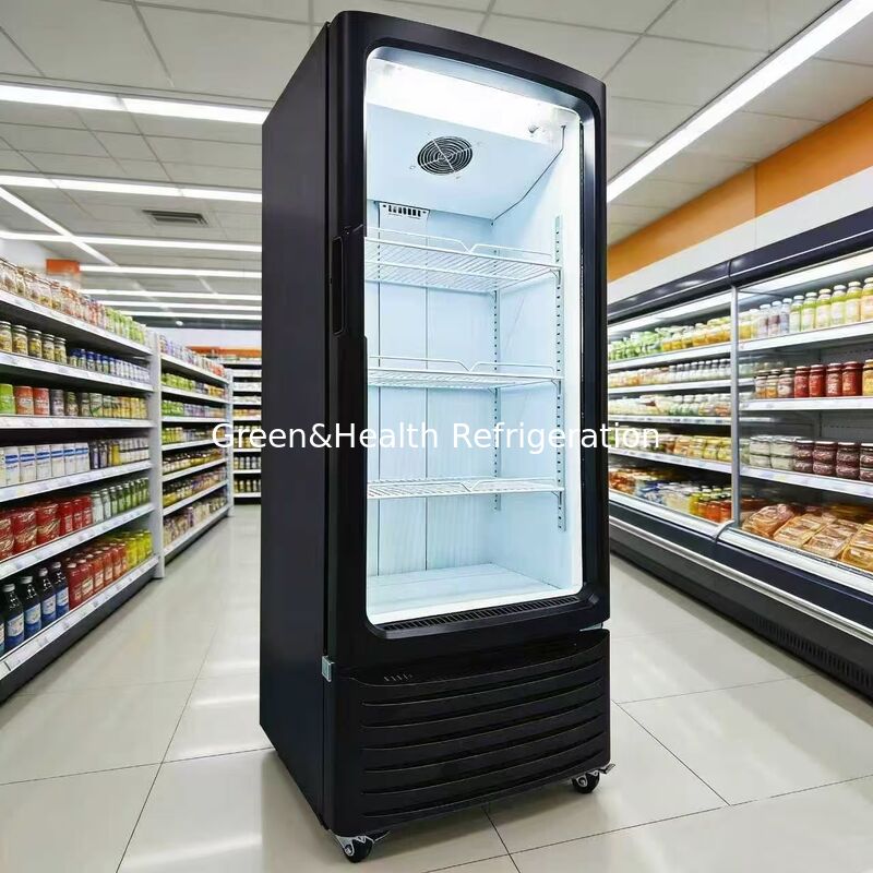 Refrigerador de Exhibición Comercial de Vidrio Templado Individual para Supermercado, Enfriador Vertical, Equipo de Refrigeración para Bebidas con Enfriamiento por Ventilador