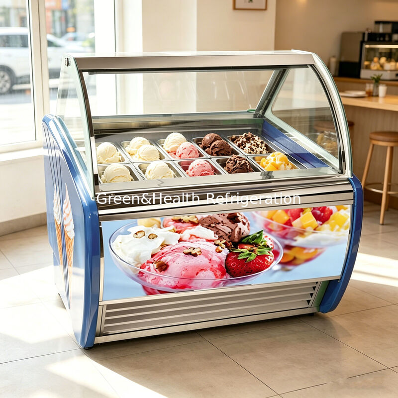 Congelador de Exhibición de Gelato de Acero Inoxidable Comercial Multi-Bandeja con Termostato Ajustable y Compresor Danfoss