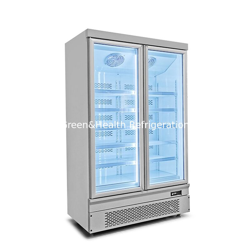 Frigorífico de pantalla comercial de 2 puertas de vidrio montado en el fondo vertical con descongelamiento automático y exterior de acero inoxidable