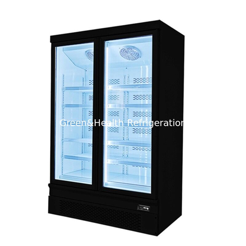 Frigorífico de pantalla comercial de 2 puertas de vidrio montado en el fondo vertical con descongelamiento automático y exterior de acero inoxidable