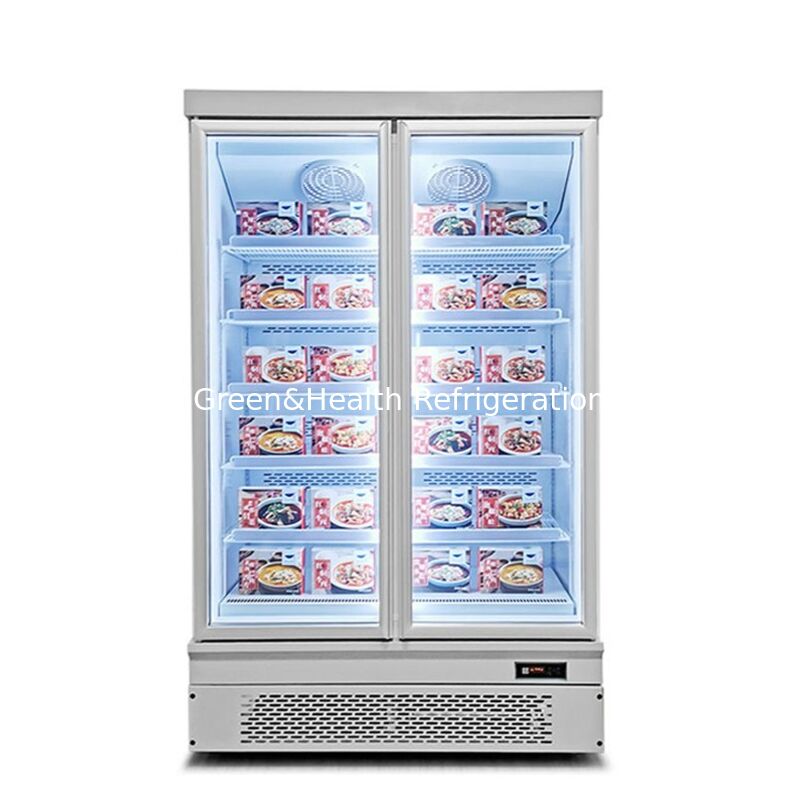 Frigorífico de pantalla comercial de 2 puertas de vidrio montado en el fondo vertical con descongelamiento automático y exterior de acero inoxidable