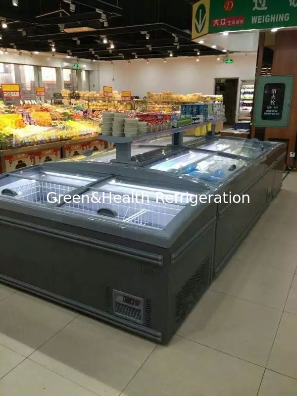 Tipo de pantalla flexible Puerta de vidrio Deshielo automático Supermercado Island Freezer