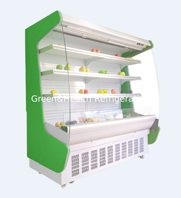 El refrigerador abierto de la cara del anuncio publicitario vertical del congelador del supermercado del gabinete de la cortina de aire