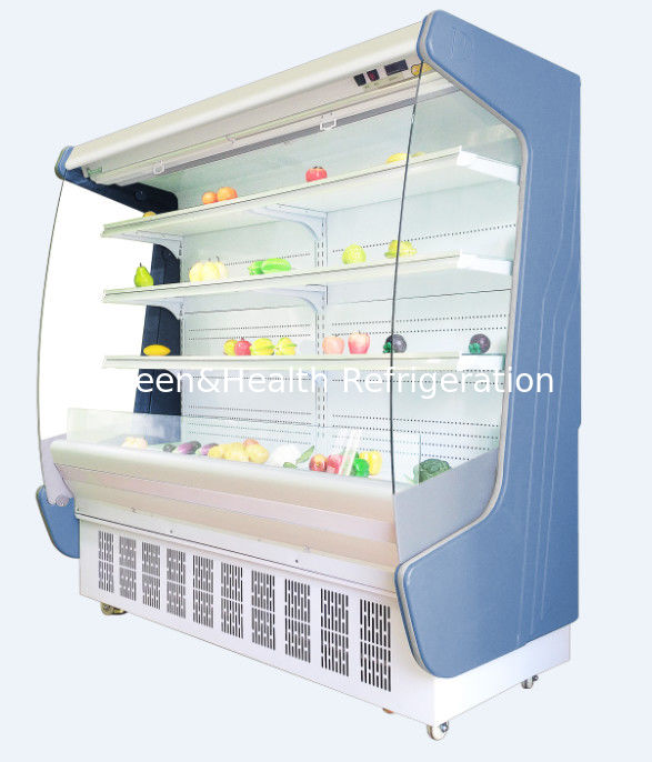 El refrigerador abierto de la cara del anuncio publicitario vertical del congelador del supermercado del gabinete de la cortina de aire