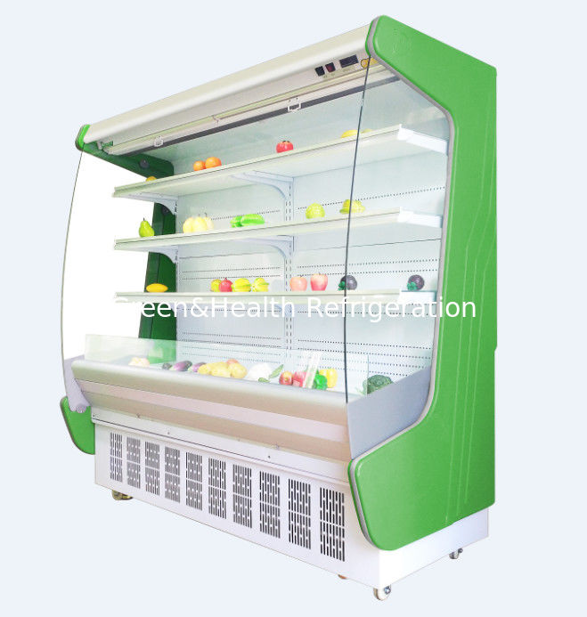 El refrigerador abierto de la cara del anuncio publicitario vertical del congelador del supermercado del gabinete de la cortina de aire