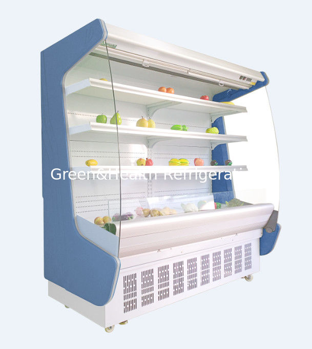 El refrigerador abierto de la cara del anuncio publicitario vertical del congelador del supermercado del gabinete de la cortina de aire