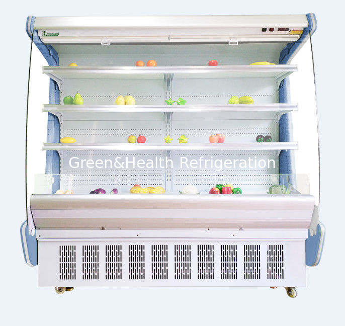 El refrigerador abierto de la cara del anuncio publicitario vertical del congelador del supermercado del gabinete de la cortina de aire