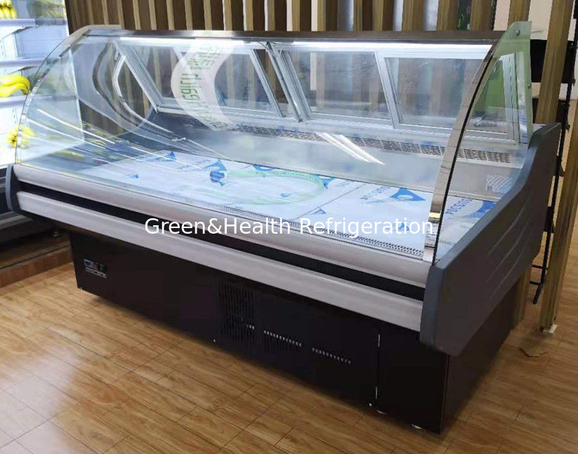 Vitrina comercial para carne con interior de acero inoxidable de vidrio curvado y sistema de refrigeración por ventilador