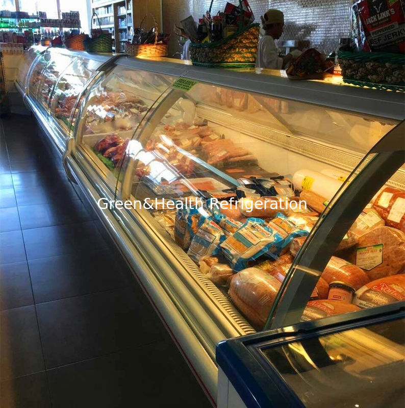 Vitrina comercial para carne con interior de acero inoxidable de vidrio curvado y sistema de refrigeración por ventilador