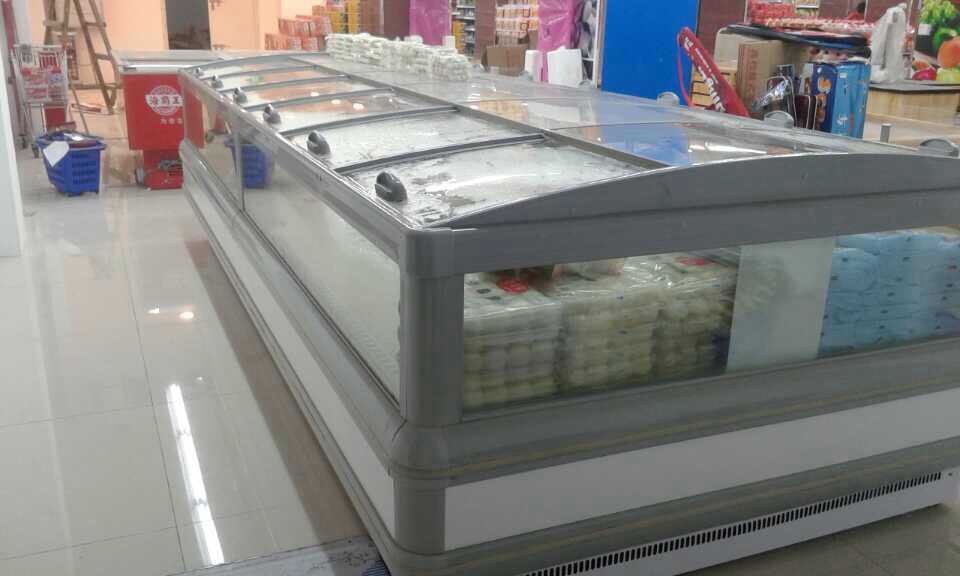 Gabinete gris del congelador de la isla del supermercado de R404a con el desplazamiento de cristal de la curva abierto