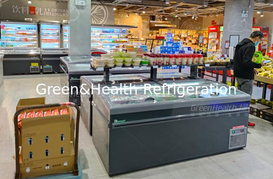 Enchufe de cristal resbalado superior comercial de la puerta de la isla del pecho del escaparate profundo del congelador adentro