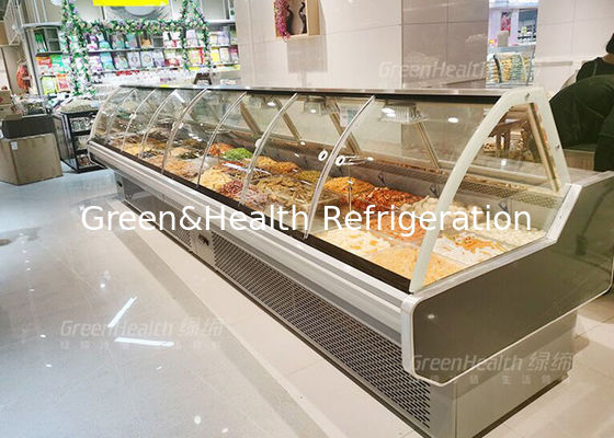 La tienda de delicatessen grande del alimento cocido del volumen exhibe el refrigerador con la rueda del universal de la puerta deslizante 4