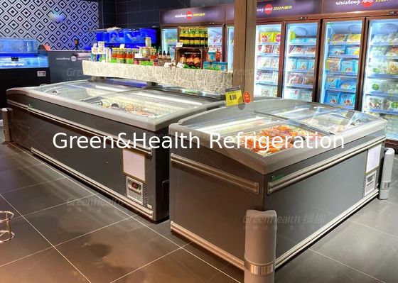 congelador curvado anuncio publicitario de la exhibición de la isla del top del vidrio 1000L para el supermercado