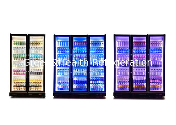 Vertical tricolora de la luz del refrigerador LED de la exhibición de la bebida de 3 puertas deslumbrar el refrigerador negro de la bebida
