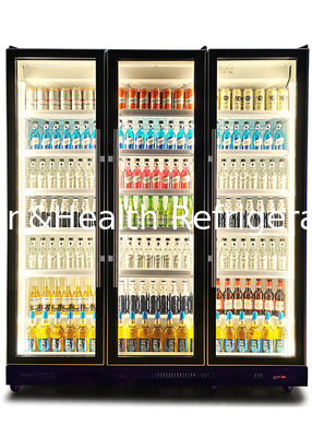 880L Supermercado Display Cooler Dinámico Refrigeración Tricolor LED Luz Vertical Deslumbrante Negro Chiller de bebidas