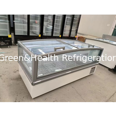 Cabinet de pantalla de vidrio de ventana grande Supermercado Island Freezer con aluminio en relieve interno