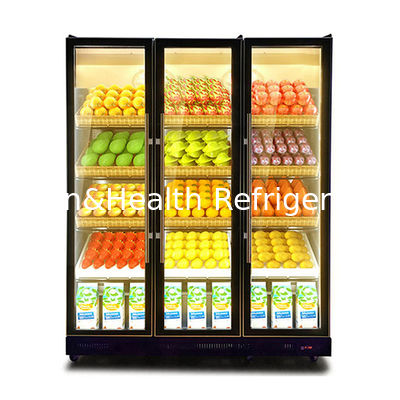 Congelador exhibidor de bebidas con tres puertas de vidrio comercial, múltiples luces LED