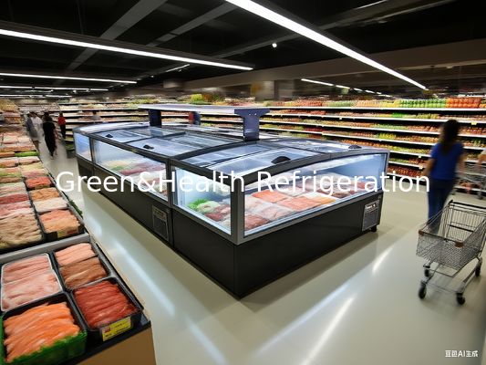 Puerta de vidrio panorámica corrediza Congelador de isla de supermercado Gran capacidad Congelador de cofre para exhibición de alimentos congelados