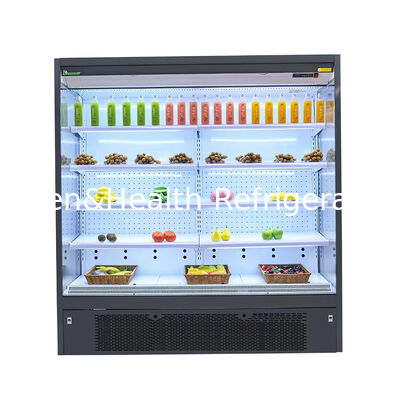 Refrigerador comercial de pantalla abierta con iluminación LED ajustable a 2-8 °C y sistema de control remoto