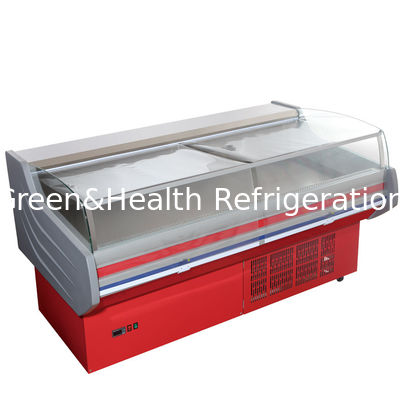 Refrigerador de la exhibición de la tienda de delicatessen de ROHS, congelador abierto de la exhibición del anuncio publicitario con el vidrio curvado para los mariscos de la carne